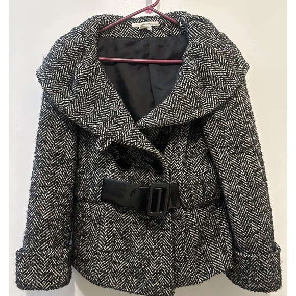 ZARA Wool Blend Belted Bouclé Coat Large* Herringbone Black White Shawl Collar - Picture 1 of 7